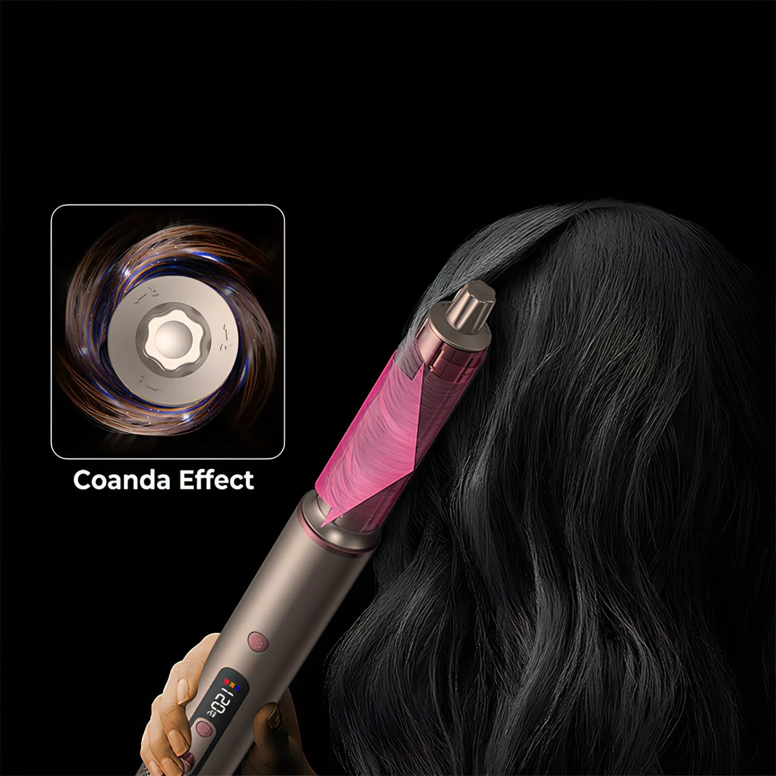 Trovoro Hot Air Brush with Coanda Effect feature in use on hair against a black background