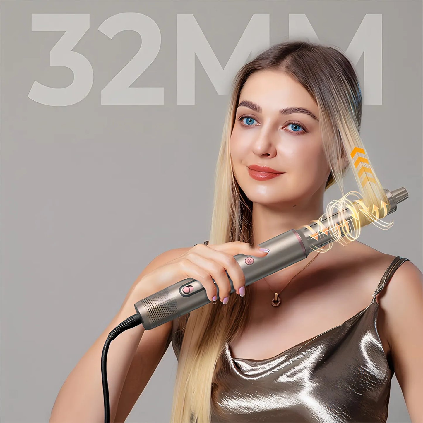 Woman using a Trovoro Hot Air Brush with '32MM' text on a gray background