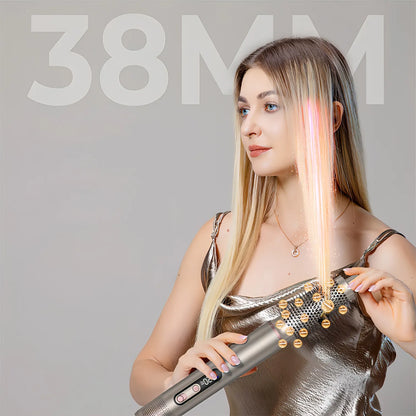 Woman using a Trovoro Hot Air Brush straightening with '38MM' text on a gray background