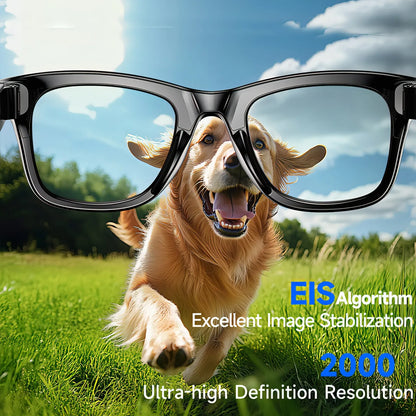 Dog running on grass with Trovoro Smart Glasses, featuring EIS algorithm text