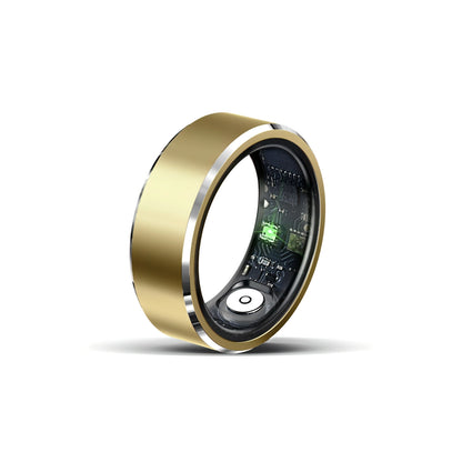 Gold smart ring with electronic components on a white background