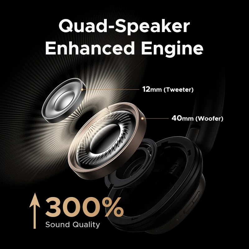 UGREEN HiTune Max5 earbuds with quad speaker drivers and enhanced audio engine, delivering immersive sound with powerful bass and crisp highs
