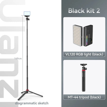 Diagrammatic sketch of Ulanzi MT-44 Tripod showing adjustable height, extendable legs, 1/4-inch screw mount, and compact foldable design for cameras and smartphones
