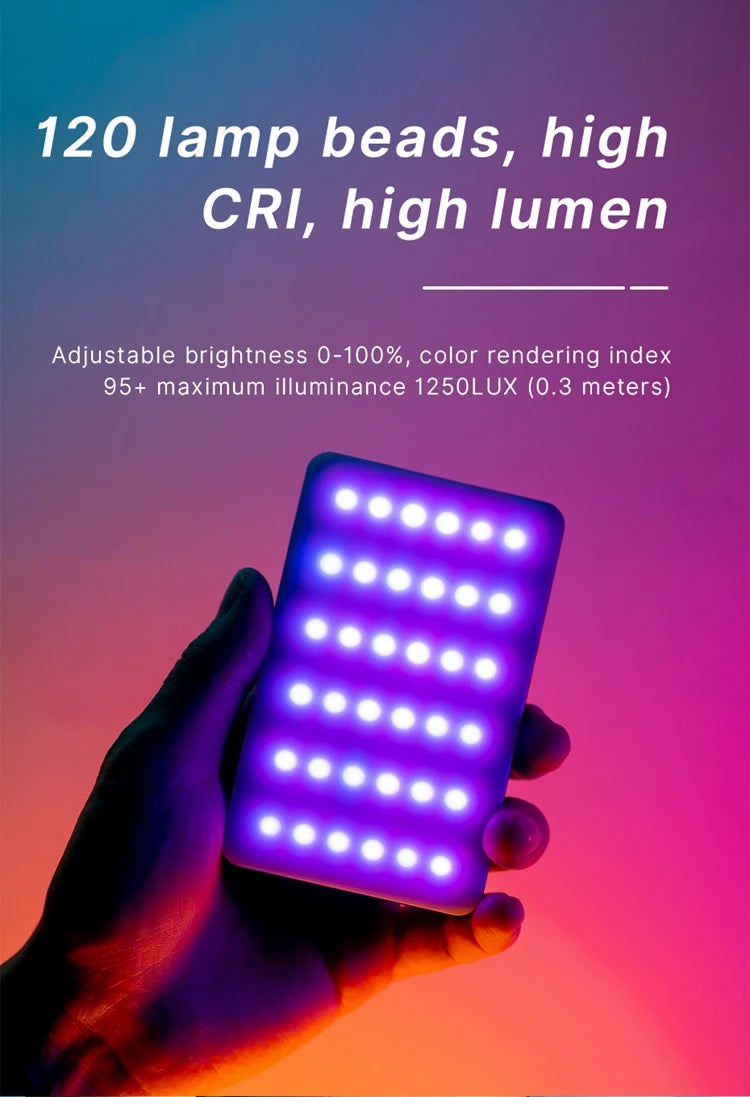 Ulanzi VL120RGB LED Video Light featuring 120 high-quality lamp beads for uniform, bright illumination in photography, video, and streaming applications
