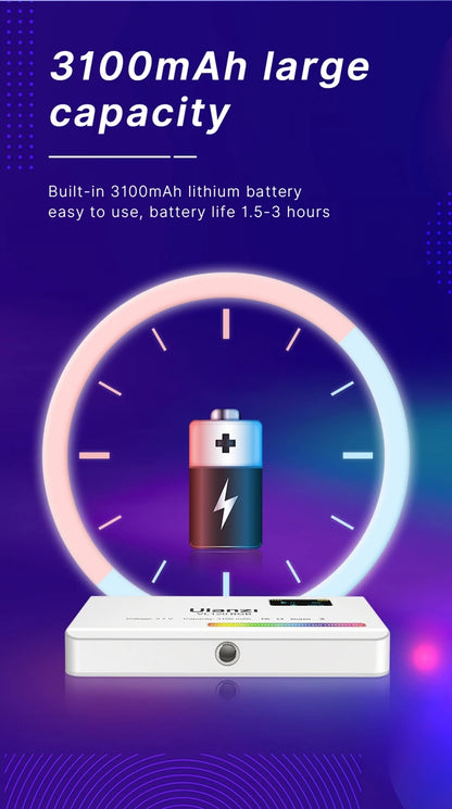  Ulanzi VL120RGB LED Video Light featuring a built-in 3100mAh large-capacity battery for extended use from 2 to 15 hours, ideal for long shoots and portable lighting setups
