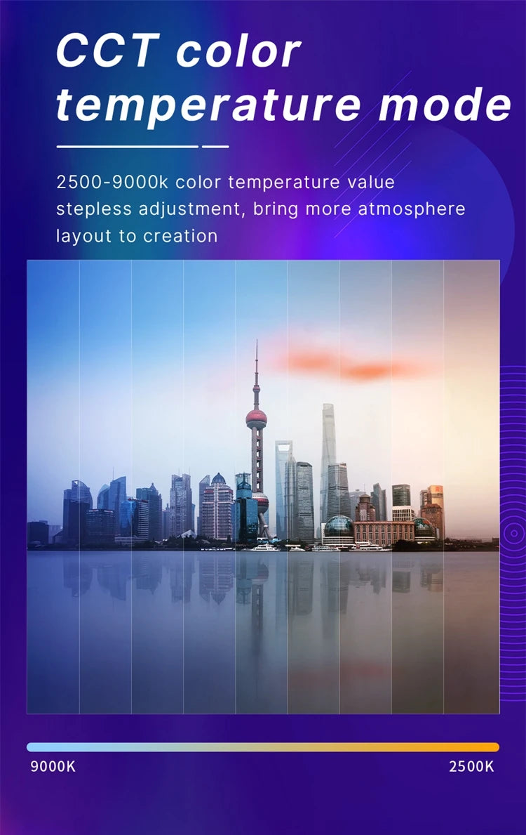 Ulanzi VL120RGB LED Video Light in CCT color temperature mode, showing adjustable white light range from 2500K warm to 9000K cool for precise lighting control
