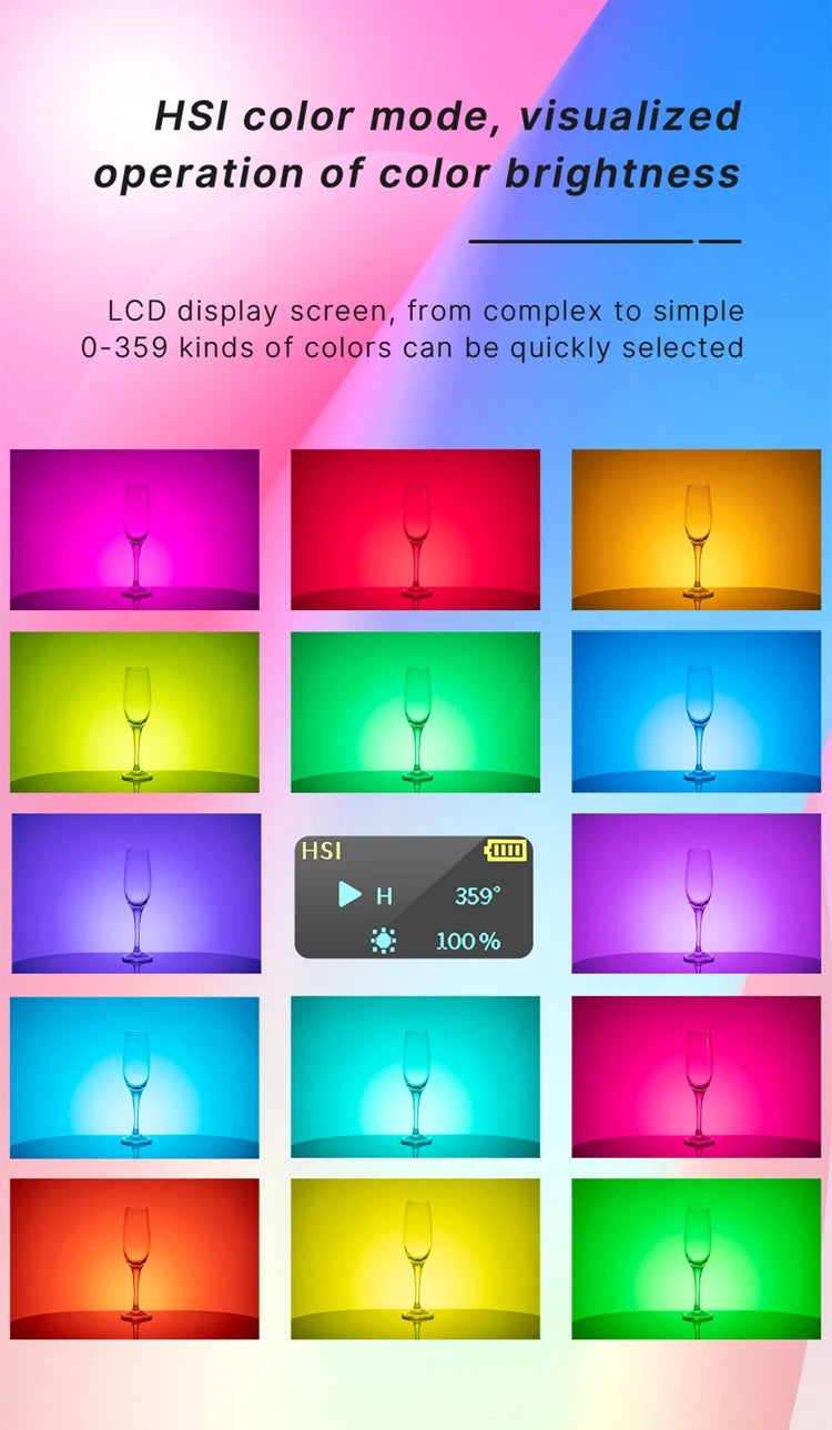Ulanzi VL120RGB LED Video Light in HSI color mode, showcasing adjustable hue, saturation, and intensity for precise and creative RGB color control
