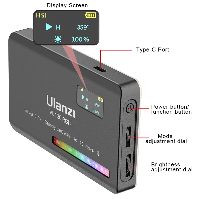 Close-up of Ulanzi VL120RGB LED Video Light showing digital display screen, power button, adjustment dial, and brightness control interface for precise lighting settings
