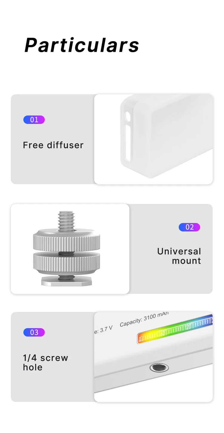 Ulanzi VL120RGB LED Video Light with free soft light diffuser, universal mount, and 1/4-inch screw hole for easy attachment to tripods, cameras, and lighting stands
