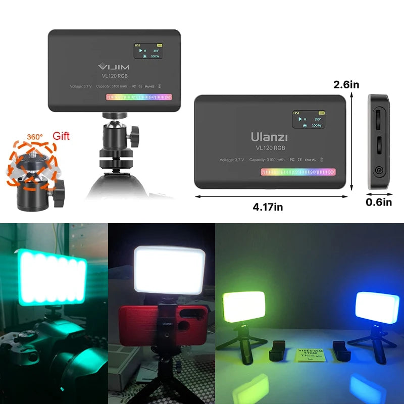 Ulanzi VL120RGB LED Video Light with size and dimensions shown, compact and lightweight design ideal for on-the-go photography and video setups
