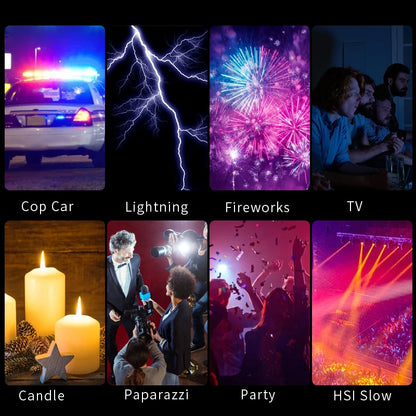 Ulanzi VL120RGB LED Video Light showing built-in lighting effects including TV flicker, fireworks, HSI color cycle, slow fade, party lights, candle glow, cop car flash, and paparazzi burst for creative video and photography use

