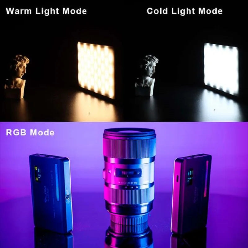 Ulanzi VL120RGB LED Video Light displaying warm light mode (2500K), cold white mode (9000K), and full RGB color mode in a side-by-side comparison for versatile lighting effects
