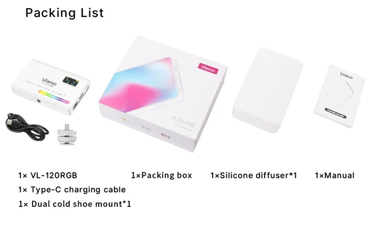 Packing list for Ulanzi VL120RGB LED Video Light including RGB light panel, USB Type-C charging cable, soft diffuser, cold shoe mount, and user manual
