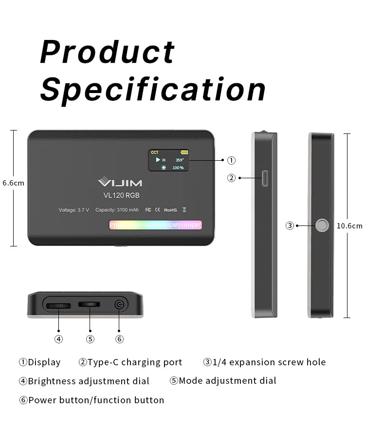 Technical product specifications of Ulanzi VL120RGB LED Video Light including 3100mAh battery, 120 LED beads, 2500K–9000K color temperature, 5W power, and USB Type-C charging
