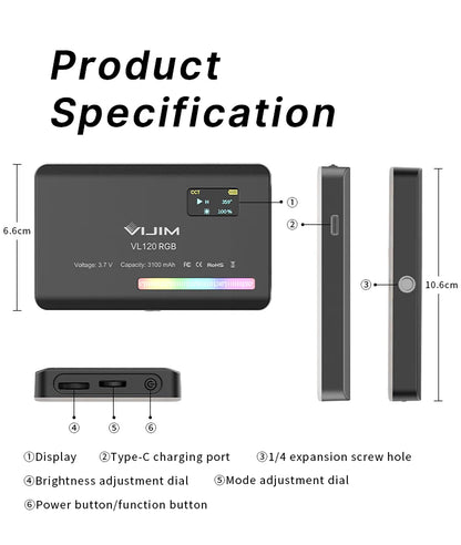 Technical product specifications of Ulanzi VL120RGB LED Video Light including 3100mAh battery, 120 LED beads, 2500K–9000K color temperature, 5W power, and USB Type-C charging
