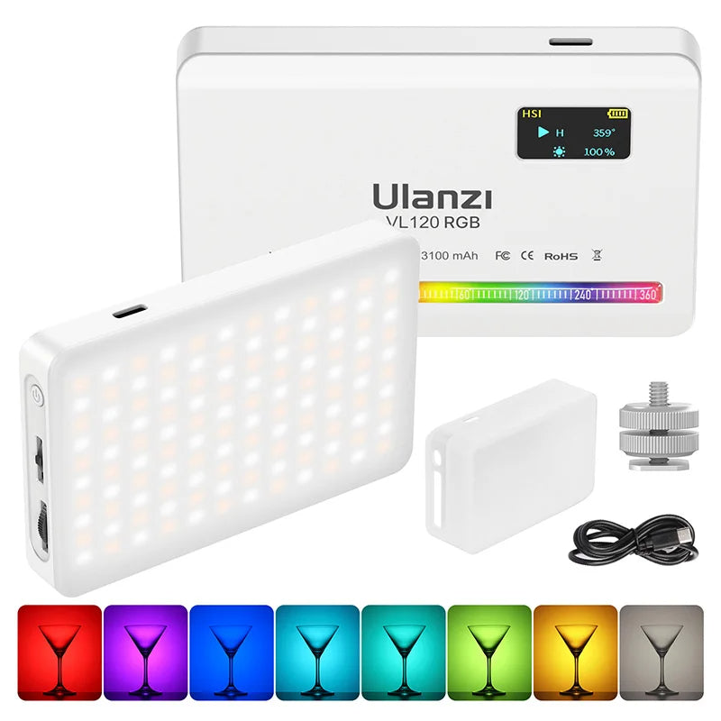 Ulanzi VL120RGB LED Video Light in white color, shown without accessories, featuring compact RGB panel design with built-in diffuser and control interface

