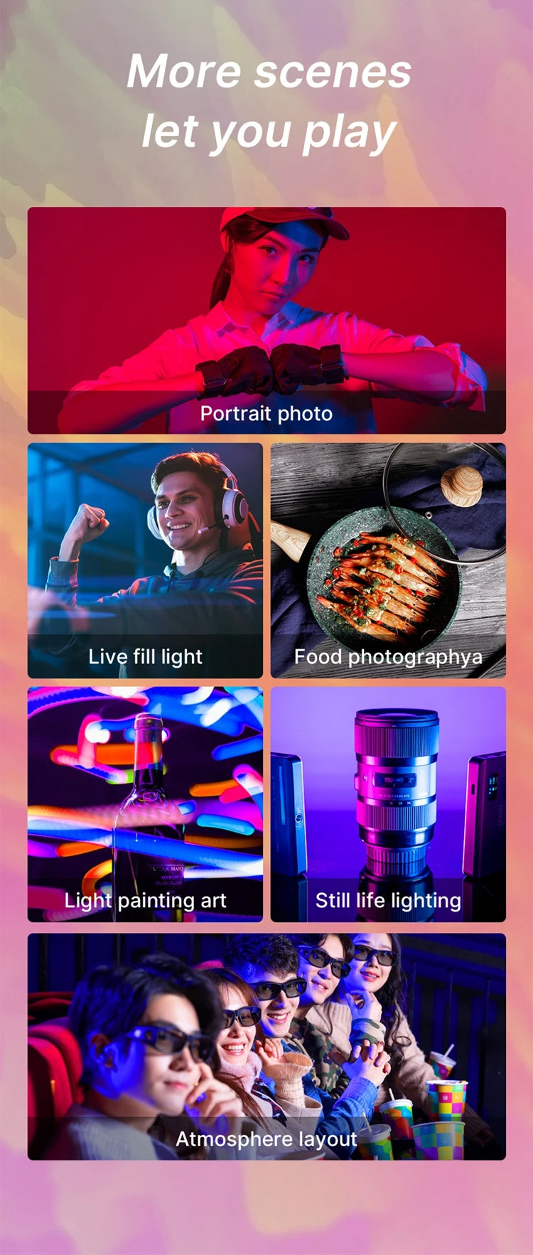 Ulanzi VL120RGB LED Video Light supporting multiple creative lighting scenes such as live streaming, photography, vlogging, makeup tutorials, and video production

