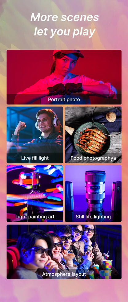 Ulanzi VL120RGB LED Video Light supporting multiple creative lighting scenes such as live streaming, photography, vlogging, makeup tutorials, and video production
