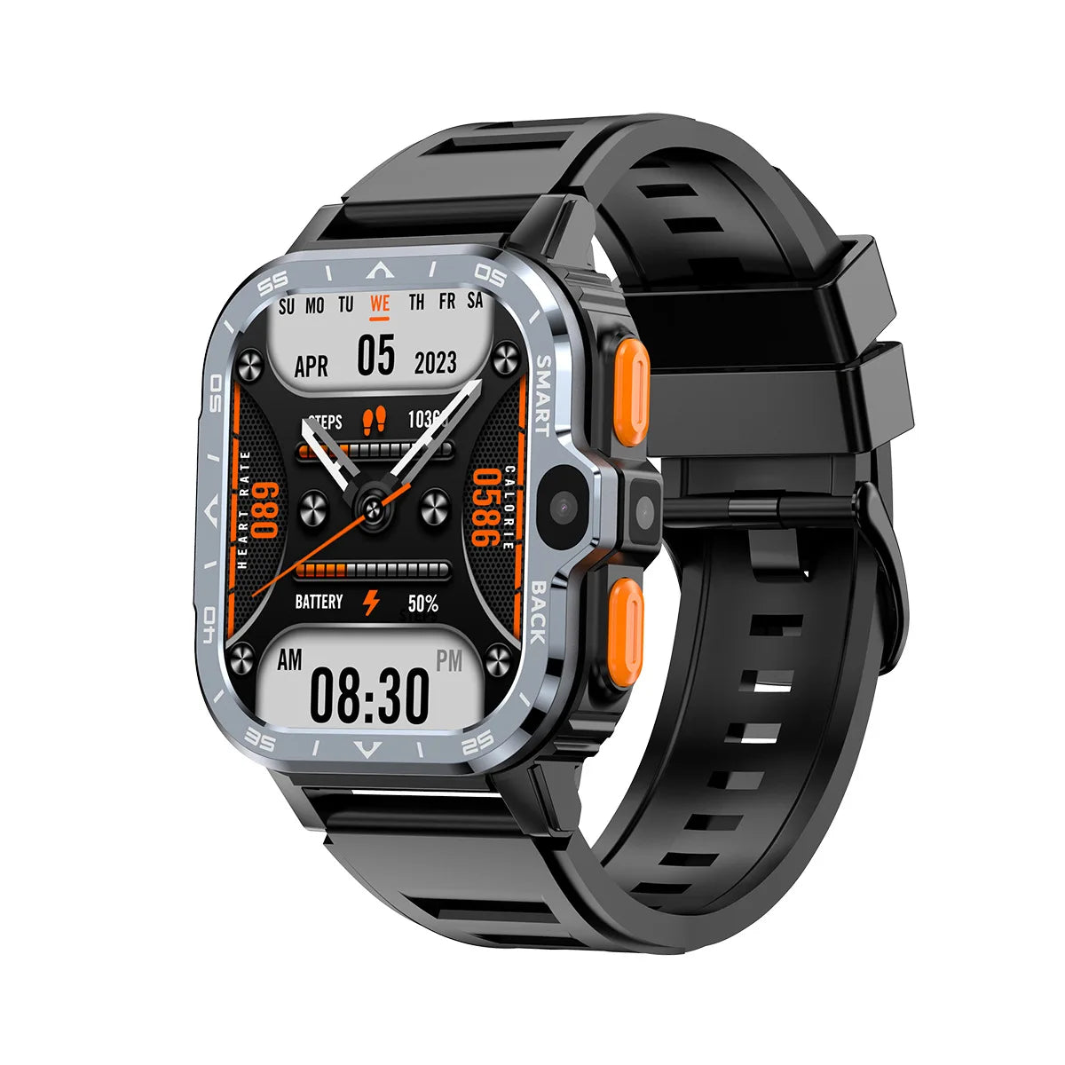 VALDUS 4G Android Smartwatch in black with full touch screen, dual camera, and SIM card functionality