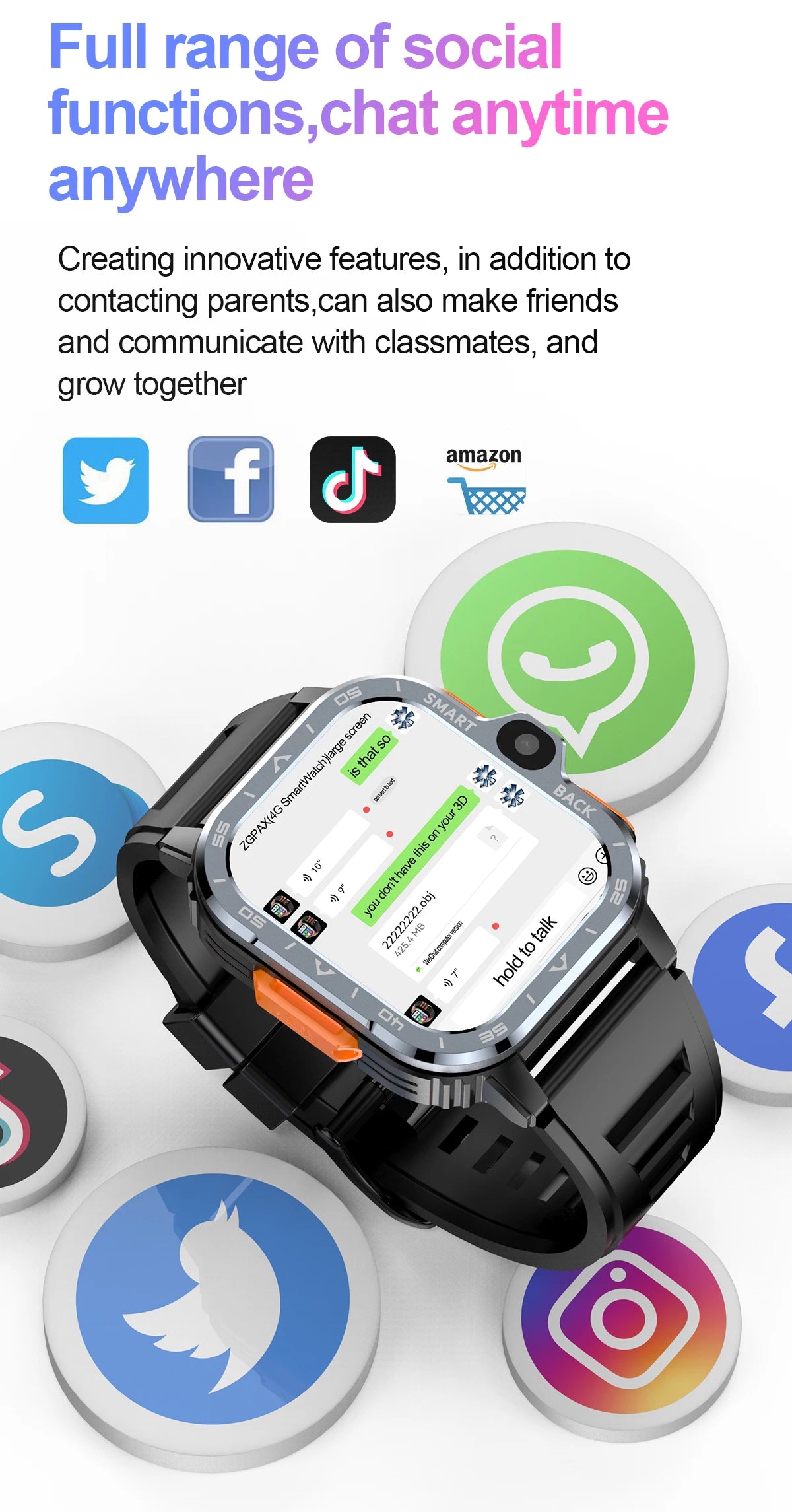 VALDUS 4G Android Smartwatch with full social media support including WhatsApp, Facebook, Instagram, Gmail for chatting and notifications anytime, anywhere