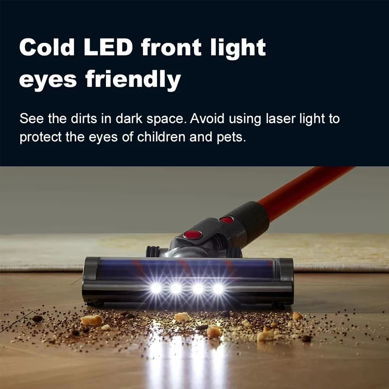VC205 Cordless Vacuum equipped with cold LED front light for better visibility in dark areas, designed to be eye-friendly and gentle while cleaning under furniture and in corners
