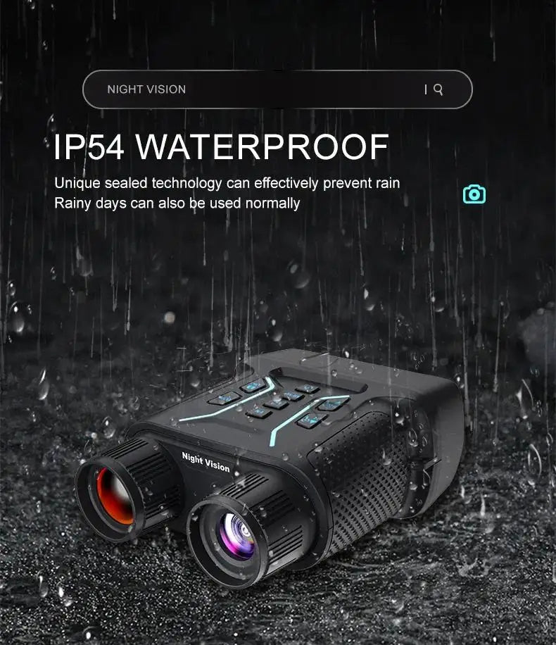 Waterproof night vision device with rain simulation on a dark background
