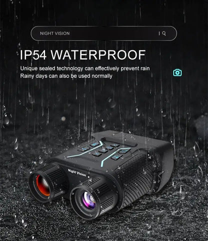 Waterproof night vision device with rain simulation on a dark background