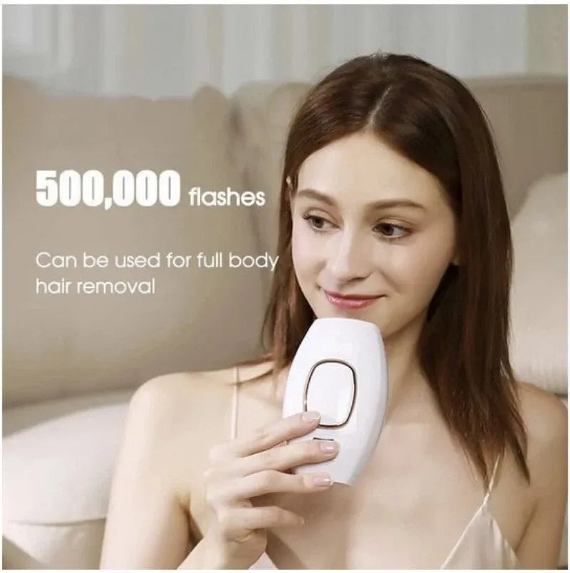 Woman holding a GlowSilk IPL Hair Removal device with text about flash count on a neutral background