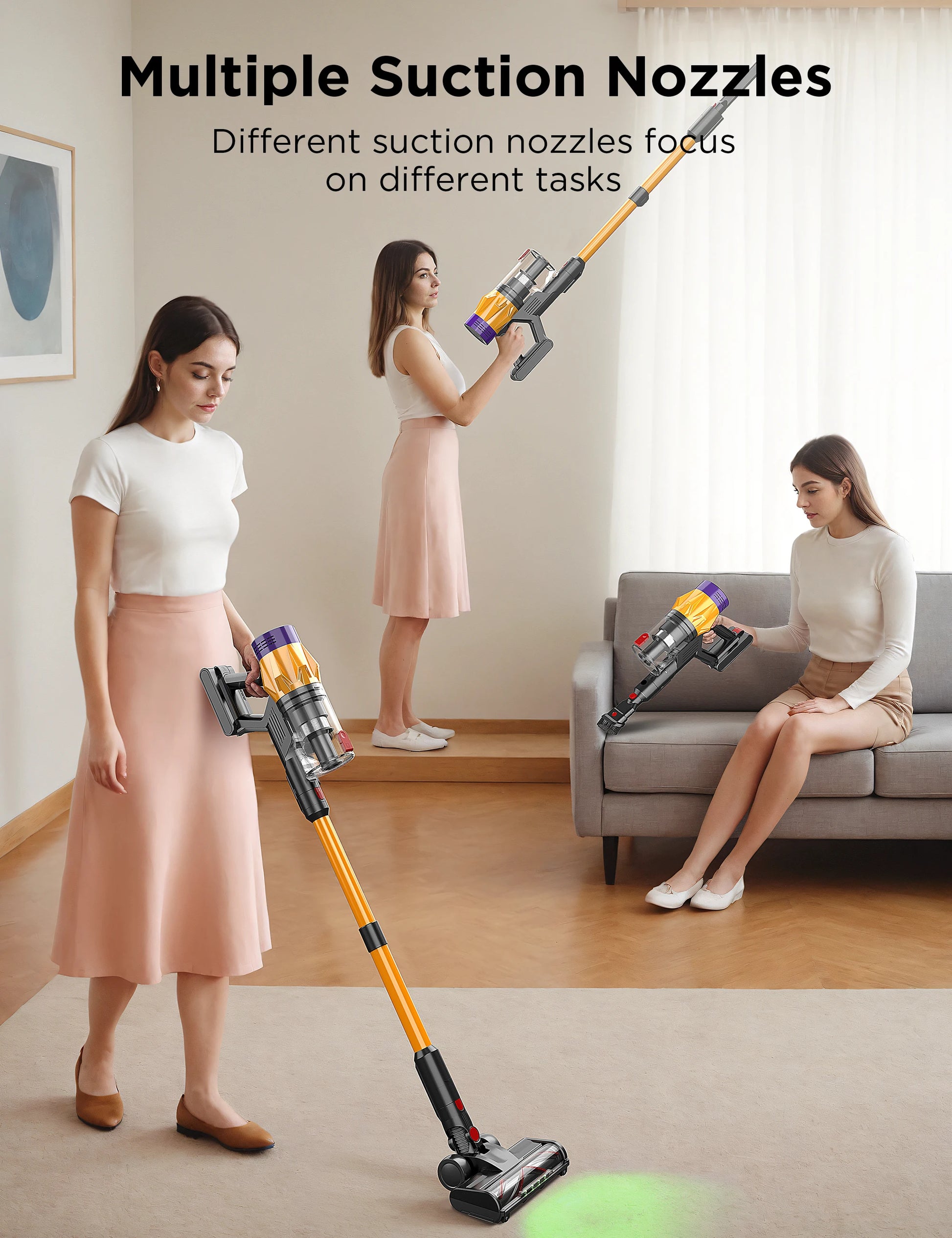Woman using a Snapbuy X7 Cordless Vacuum cleaner with multiple suction nozzles in a living room.