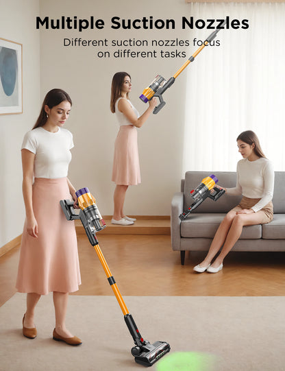 Woman using a Snapbuy X7 Cordless Vacuum cleaner with multiple suction nozzles in a living room.
