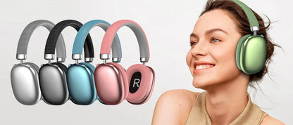 Woman wearing a green Meacode Noise Cancelling Headphones with color options displayed on a white background