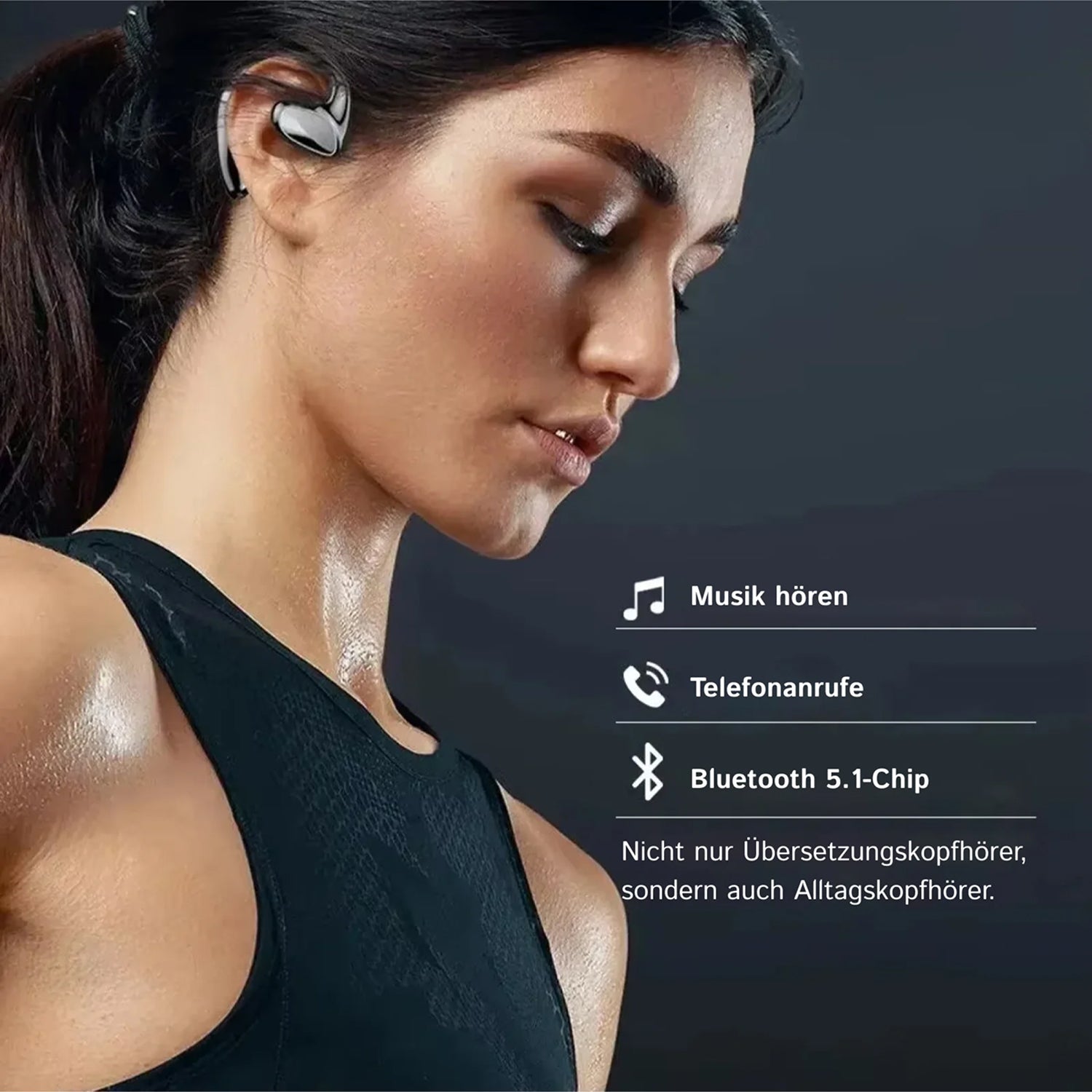 Woman wearing AilyMur v2 Translator Earbuds with text detailing features on a dark background