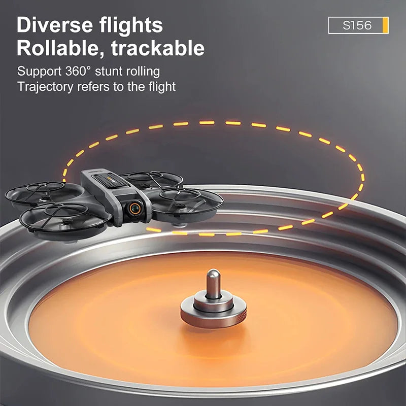 Xiaomi S156 drone demonstrating diverse flight modes including 360° rolls, trackable flight paths, and trajectory drawing for creative aerial maneuvers

