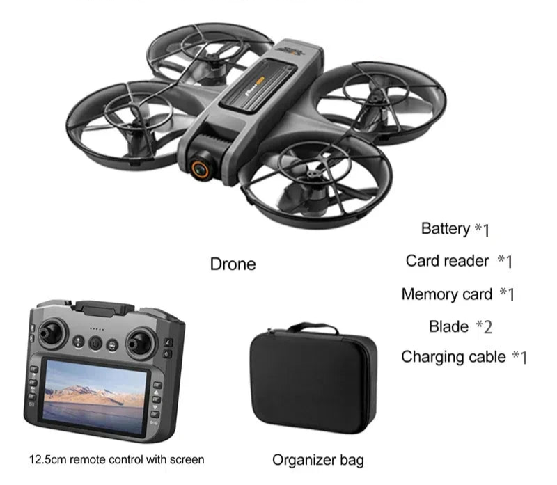 Xiaomi S156 drone in black with complete package contents including remote control, spare propellers, charging cables, batteries, and user manual
