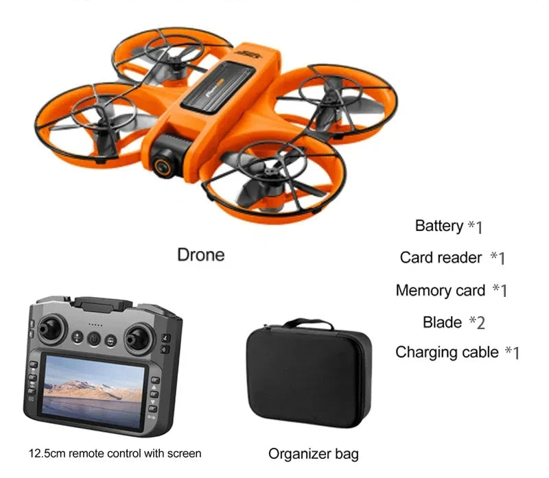 Xiaomi S156 drone in vibrant orange color with full accessory package including screen remote control, propellers, charging cable, and carry case
