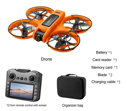Xiaomi S156 drone in vibrant orange color with full accessory package including screen remote control, propellers, charging cable, and carry case
