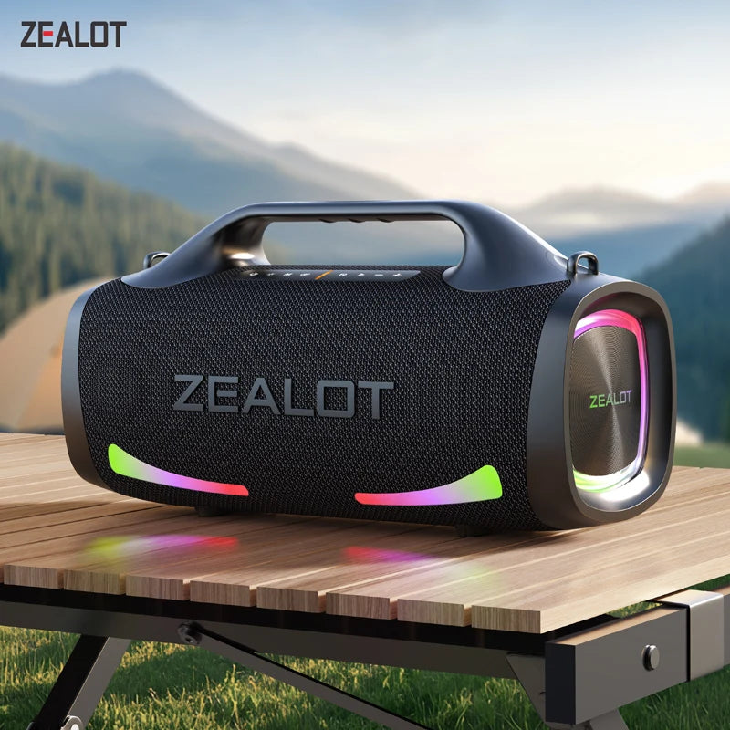 ZEALOT S79 Portable Bluetooth Speaker – Front and Side View with Dual Drivers, LED Lights, and Rugged Design


