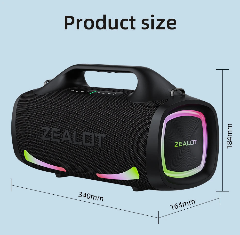 ZEALOT S79 Bluetooth Speaker showing product dimensions – 350mm length, 122mm width, 150mm height, compact and portable

