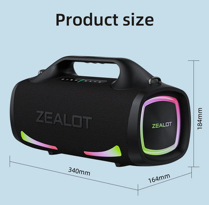 ZEALOT S79 Bluetooth Speaker showing product dimensions – 350mm length, 122mm width, 150mm height, compact and portable

