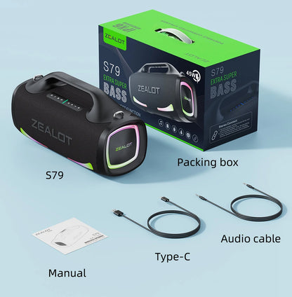 ZEALOT S79 100W Bluetooth Speaker with accessories – includes USB-C charging cable, AUX cable, user manual, and warranty card