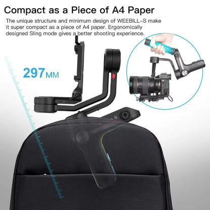 Zhiyun Weebill S Gimbal folded compactly, comparable in size to an A4 paper sheet for easy portability
