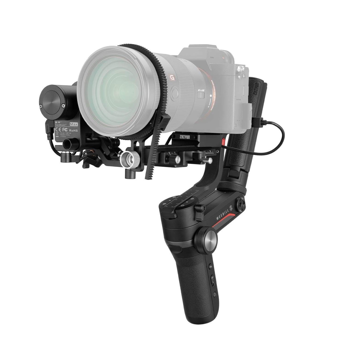 Close-up view of the Zhiyun Weebill S 3-axis gimbal stabilizer with attached DSLR camera, highlighting ergonomic sling mode grip and control dial
