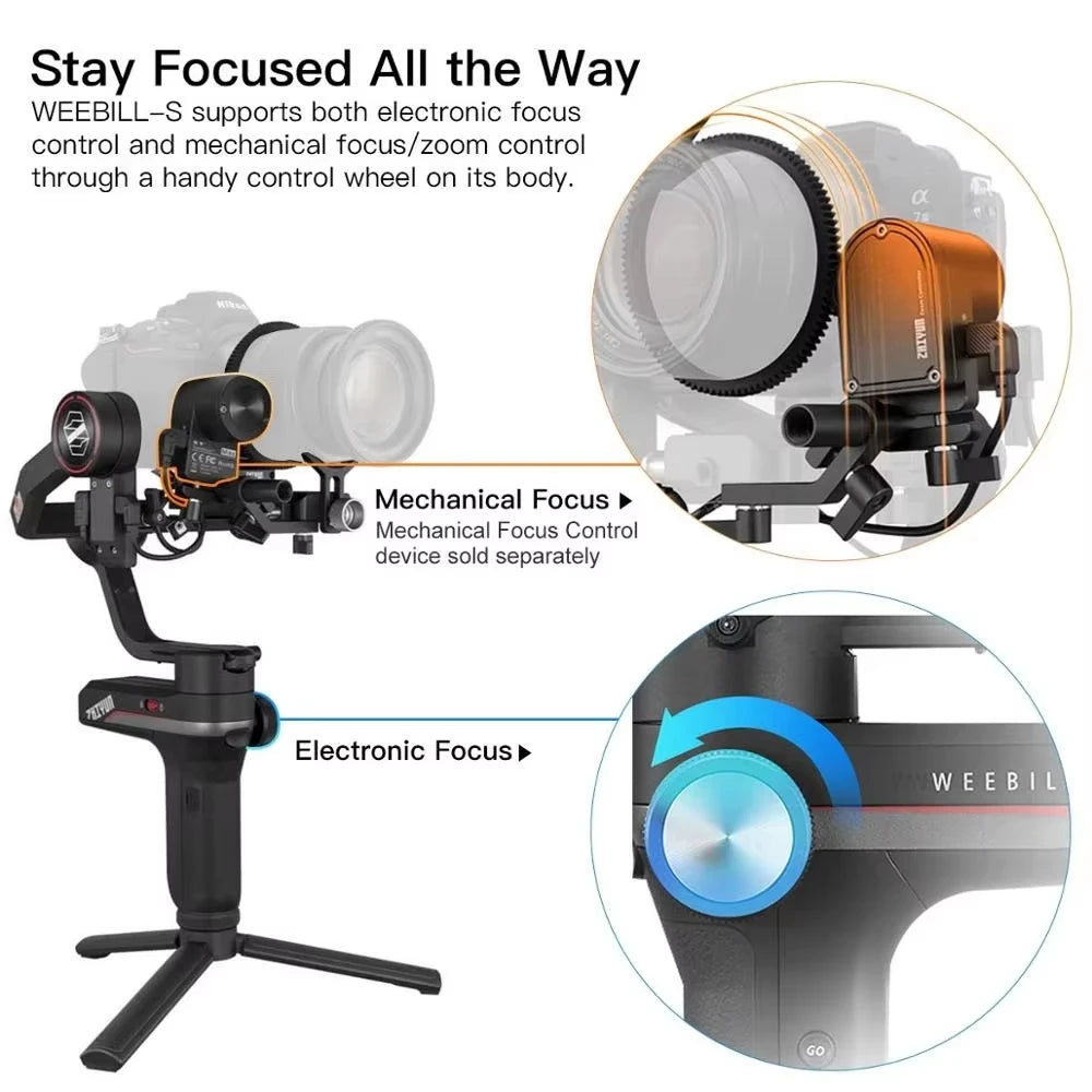 Zhiyun Weebill S gimbal showcasing mechanical and electronic focus controls with adjustment dial and lens focus motor