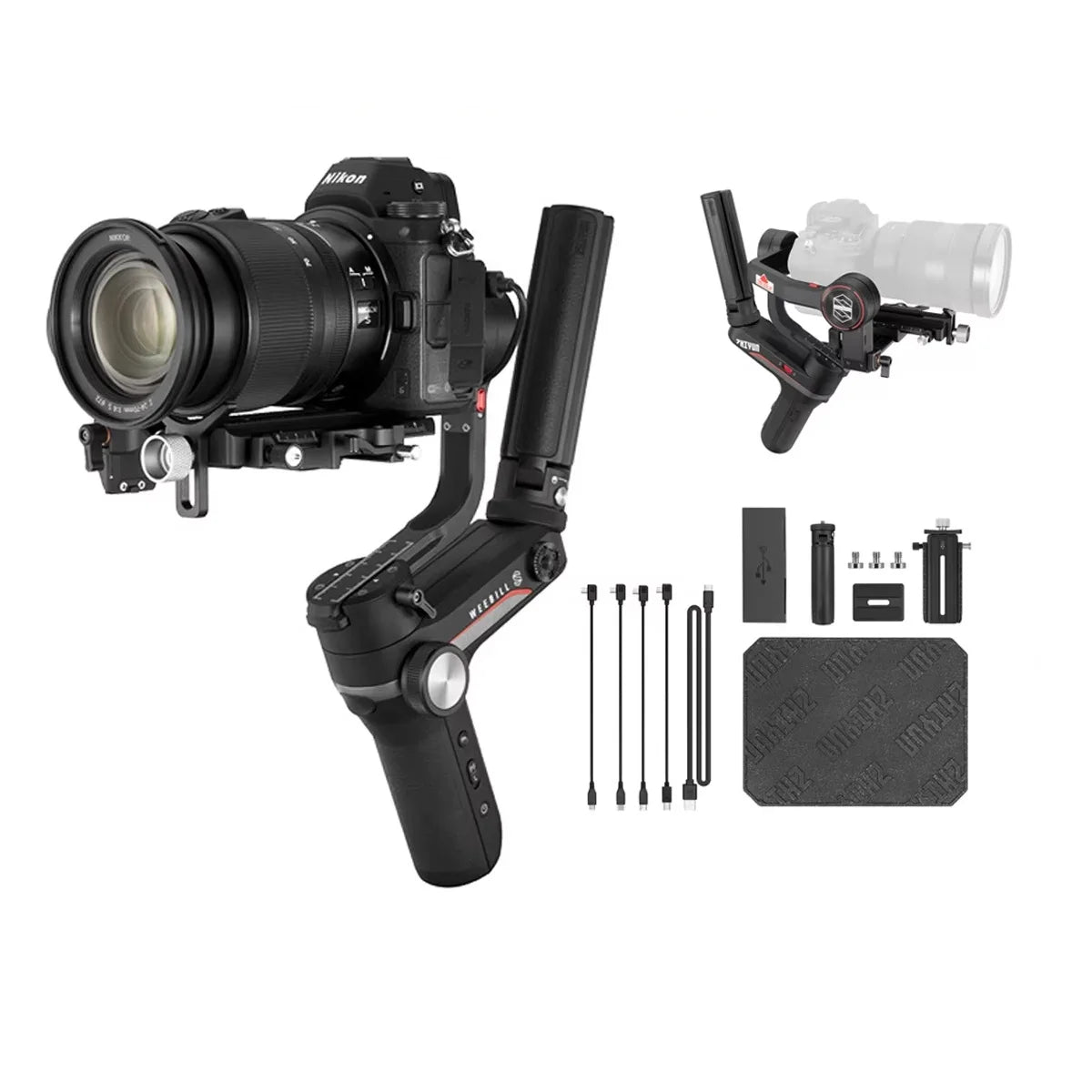 Zhiyun Weebill S 3-Axis Gimbal with accessories – includes undersling handle, tripod base, quick release plate, charging cable, and user manual