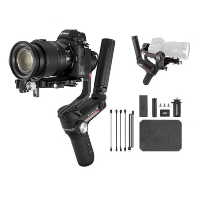Zhiyun Weebill S 3-Axis Gimbal with accessories – includes undersling handle, tripod base, quick release plate, charging cable, and user manual
