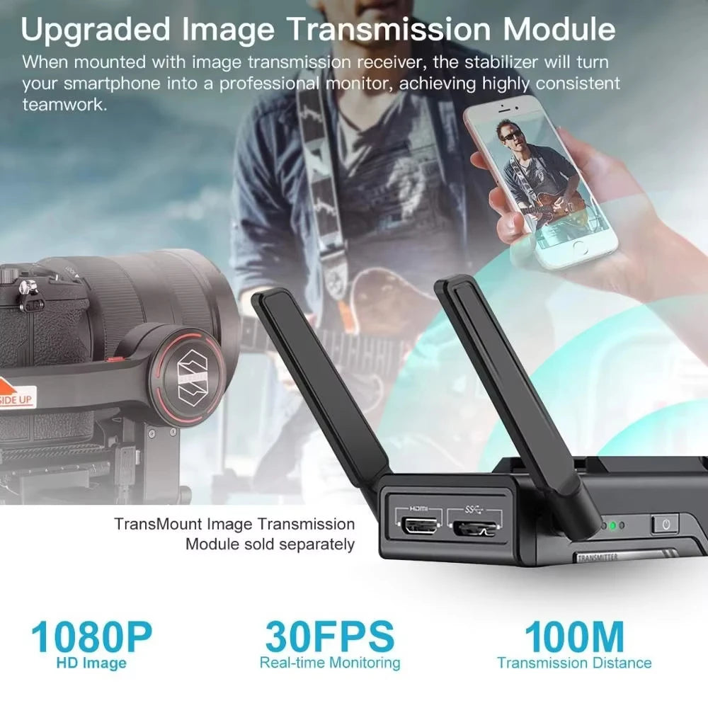 Zhiyun Weebill S Gimbal shown with upgraded TransMount image transmission module attached, displaying real-time HD video on a mobile device
