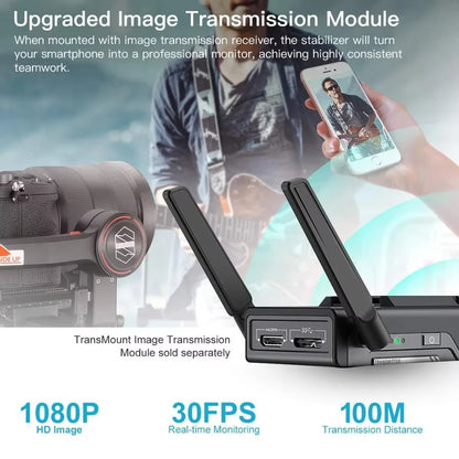Zhiyun Weebill S Gimbal shown with upgraded TransMount image transmission module attached, displaying real-time HD video on a mobile device