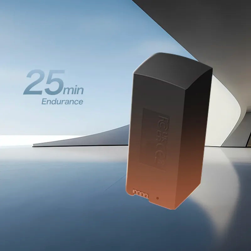 Black and orange battery pack with '25 min Endurance' text on a reflective surface.